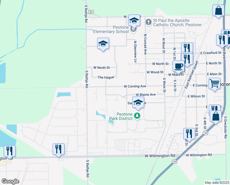 map of restaurants, bars, coffee shops, grocery stores, and more near 300 Van Gogh Court in Peotone