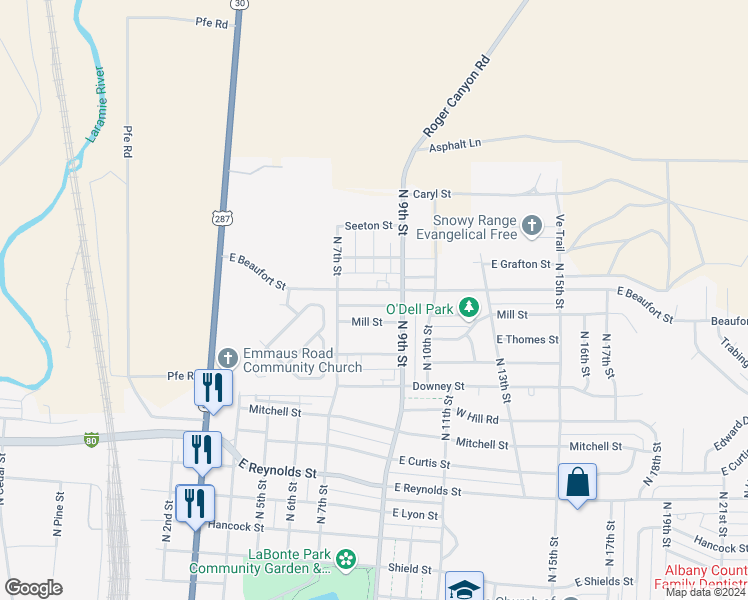 map of restaurants, bars, coffee shops, grocery stores, and more near 727 Mill Street in Laramie