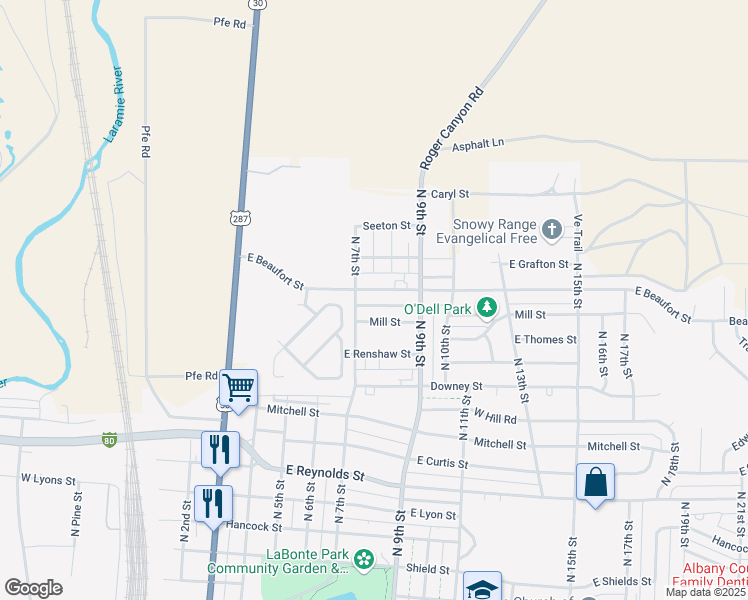 map of restaurants, bars, coffee shops, grocery stores, and more near 727 Mill Street in Laramie