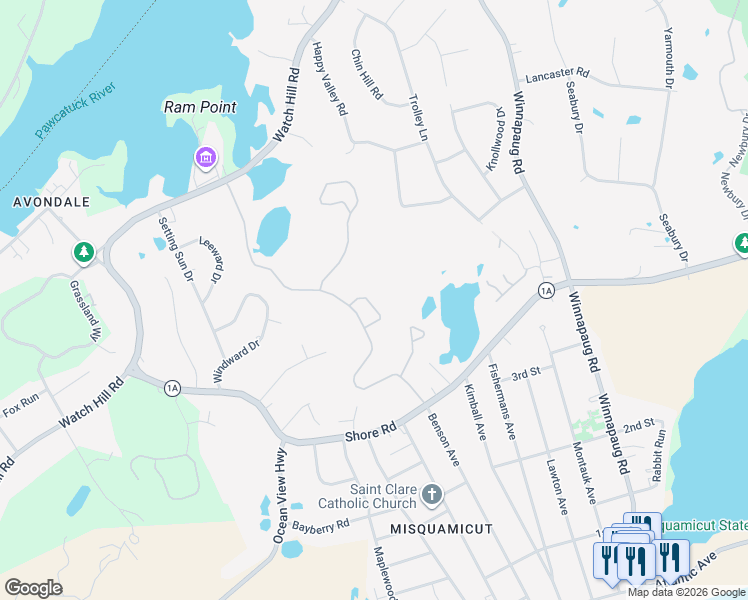 map of restaurants, bars, coffee shops, grocery stores, and more near 12 Tristam Trace Street in Westerly