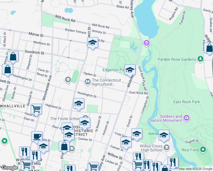 map of restaurants, bars, coffee shops, grocery stores, and more near 184 East Rock Road in New Haven
