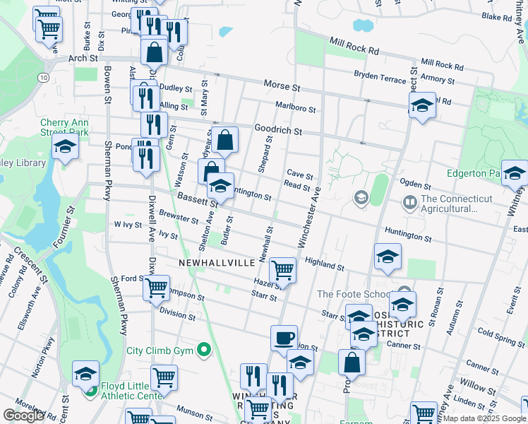 map of restaurants, bars, coffee shops, grocery stores, and more near 60 Bassett Street in New Haven