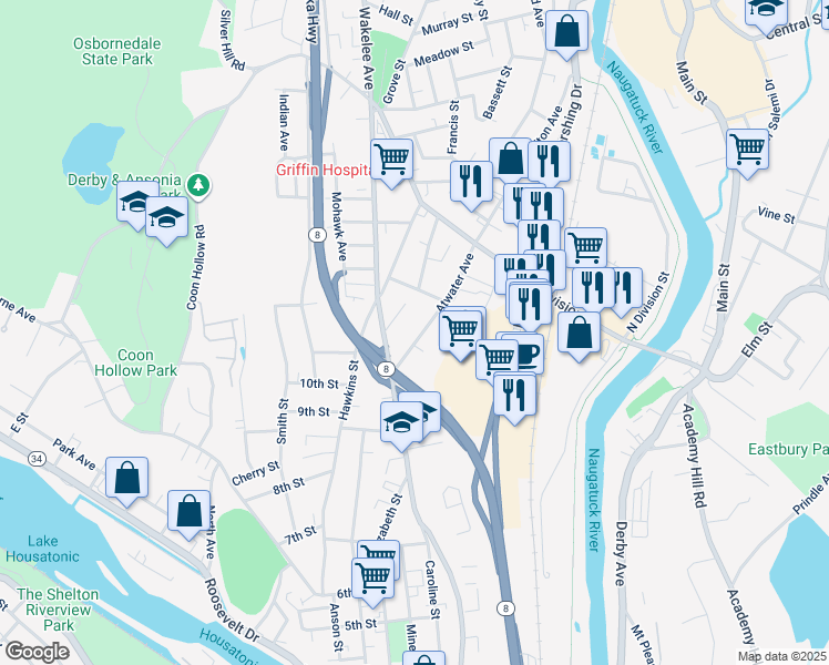 map of restaurants, bars, coffee shops, grocery stores, and more near 26 Atwater Avenue in Derby
