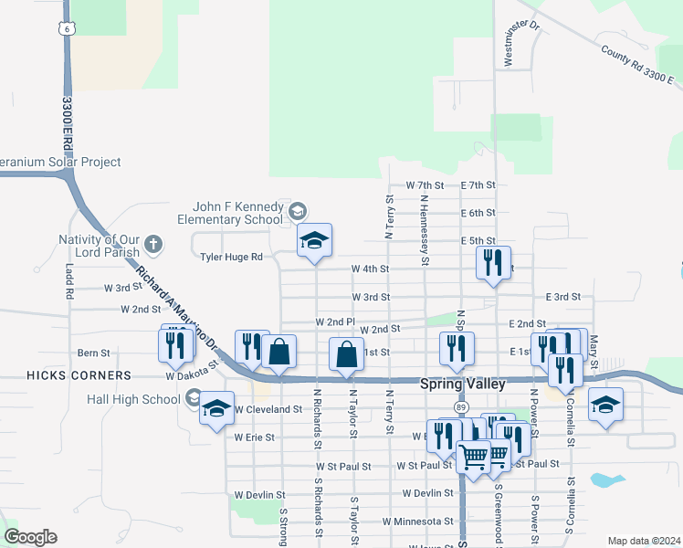 map of restaurants, bars, coffee shops, grocery stores, and more near 400 West 3rd Street in Spring Valley
