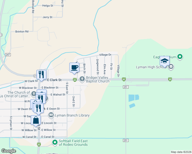 map of restaurants, bars, coffee shops, grocery stores, and more near 43300-43344 Interstate 80 Business in Lyman
