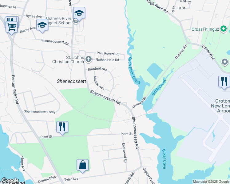 map of restaurants, bars, coffee shops, grocery stores, and more near 544 Shennecossett Road in Groton