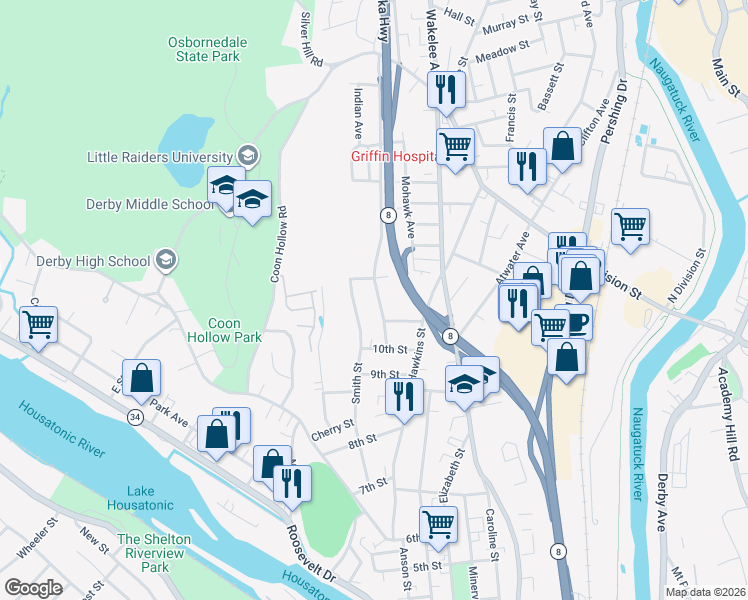 map of restaurants, bars, coffee shops, grocery stores, and more near 54 Emmett Avenue in Derby