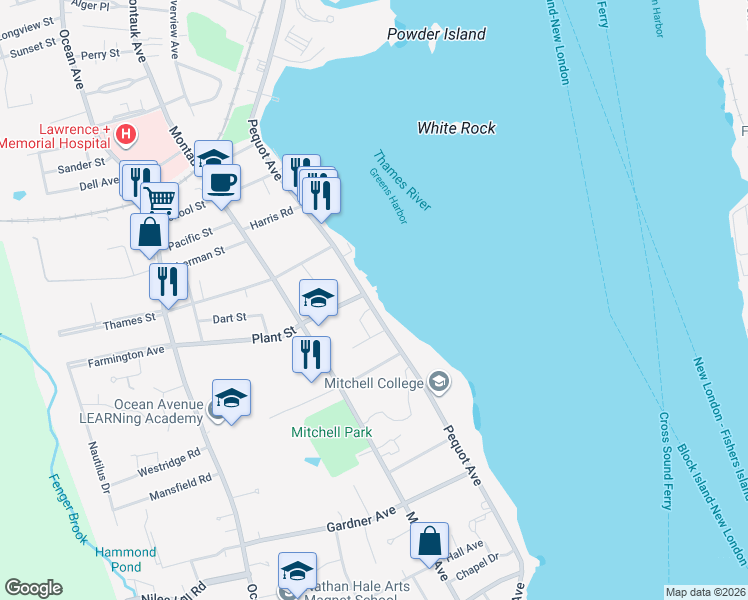 map of restaurants, bars, coffee shops, grocery stores, and more near 362 Pequot Avenue in New London