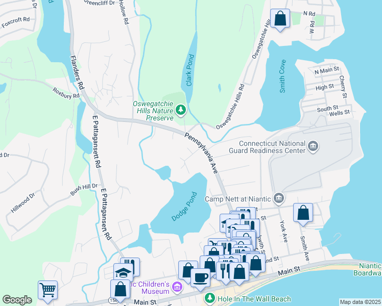 map of restaurants, bars, coffee shops, grocery stores, and more near 17 Lake View Heights in East Lyme