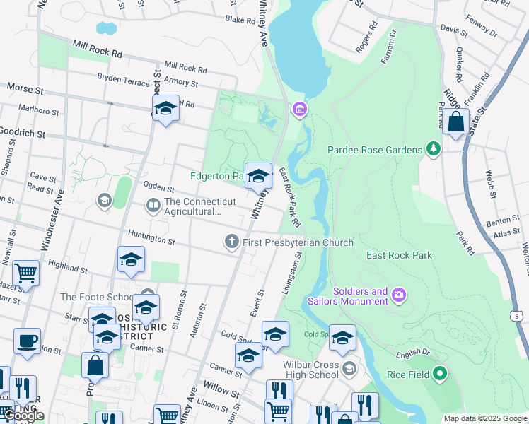 map of restaurants, bars, coffee shops, grocery stores, and more near in New Haven