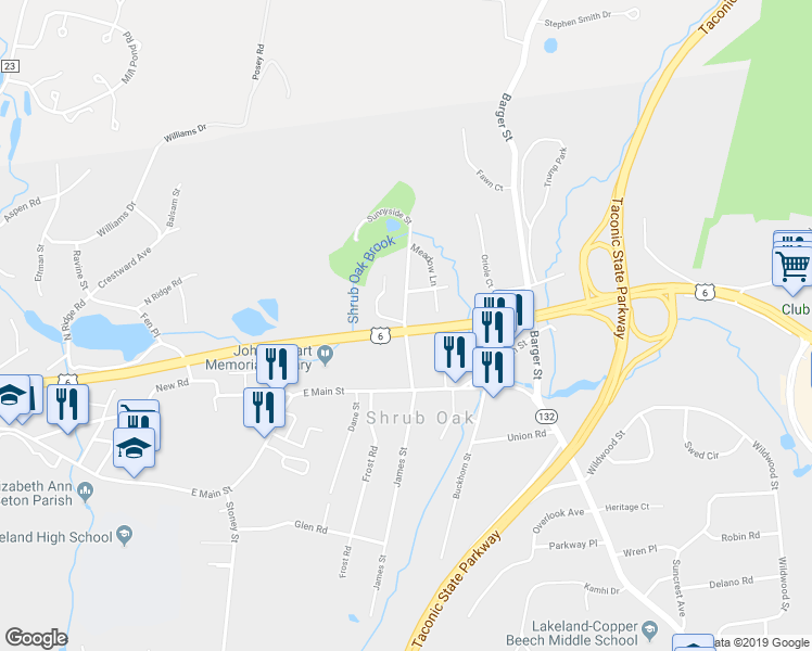 map of restaurants, bars, coffee shops, grocery stores, and more near 3686 Sunnyside Street in Shrub Oak