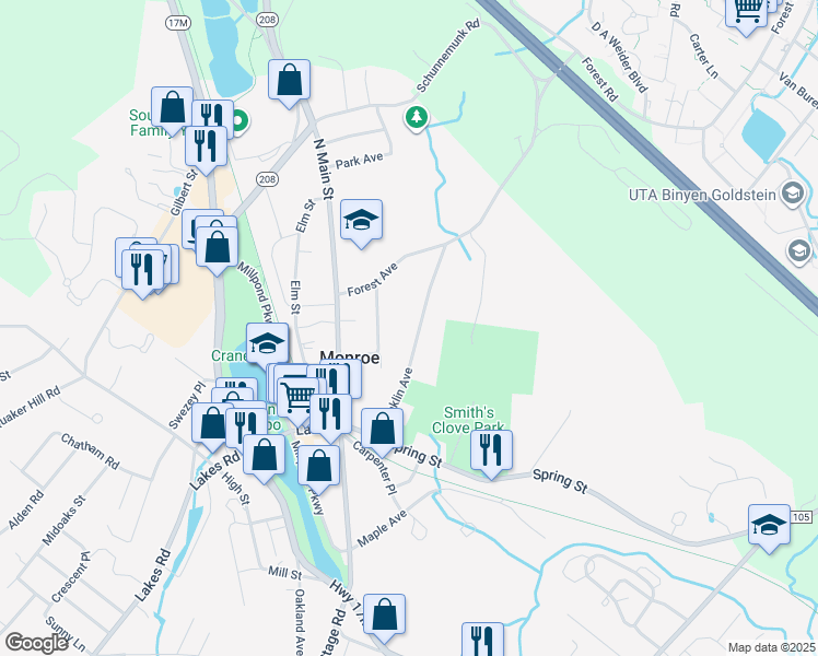 map of restaurants, bars, coffee shops, grocery stores, and more near 84 Franklin Avenue in Monroe
