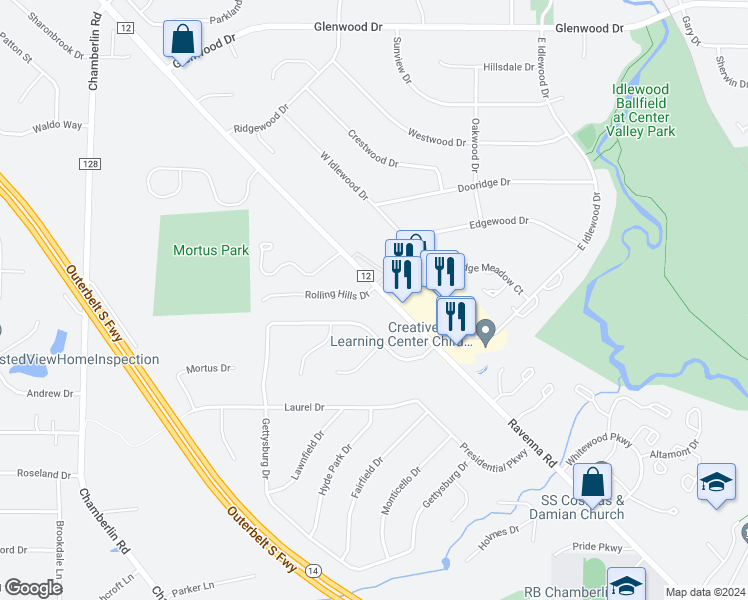 map of restaurants, bars, coffee shops, grocery stores, and more near 10750 Ravenna Road in Twinsburg
