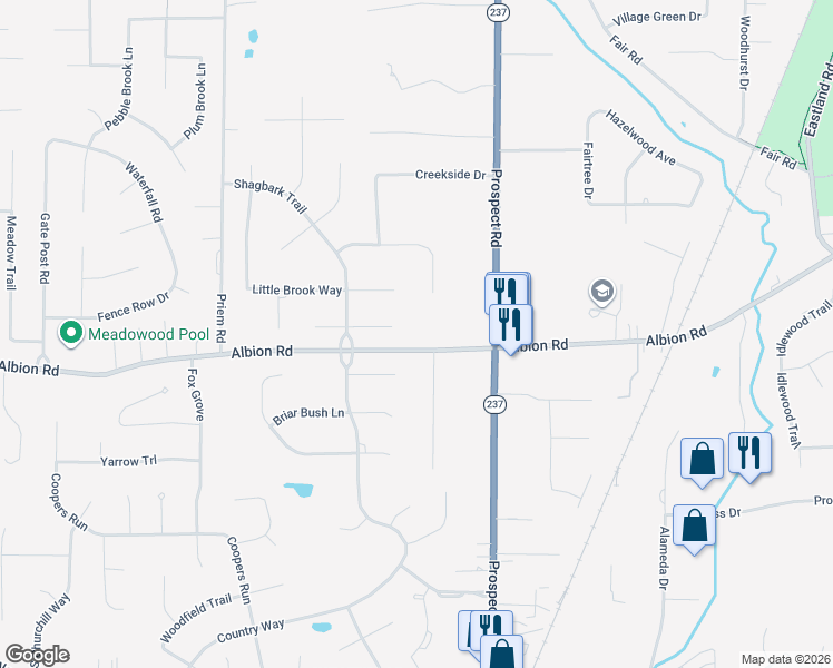 map of restaurants, bars, coffee shops, grocery stores, and more near 21299 Albion Road in Strongsville