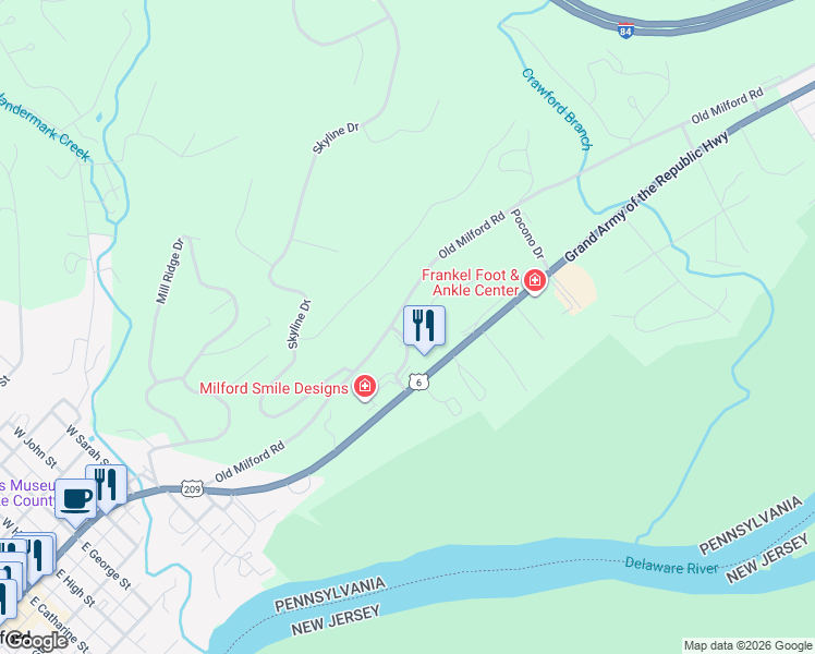 map of restaurants, bars, coffee shops, grocery stores, and more near 101 Wheatfield Drive in Milford