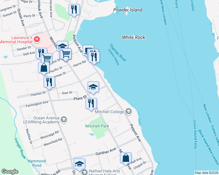 map of restaurants, bars, coffee shops, grocery stores, and more near 362 Pequot Avenue in New London