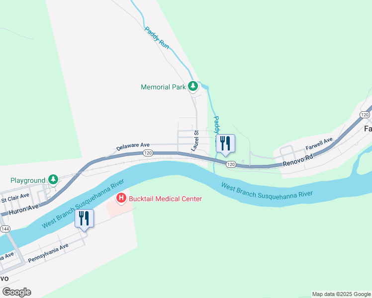map of restaurants, bars, coffee shops, grocery stores, and more near 2105-2107 Susquehanna Ave in Renovo