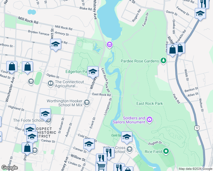 map of restaurants, bars, coffee shops, grocery stores, and more near East Rock Park Road in New Haven