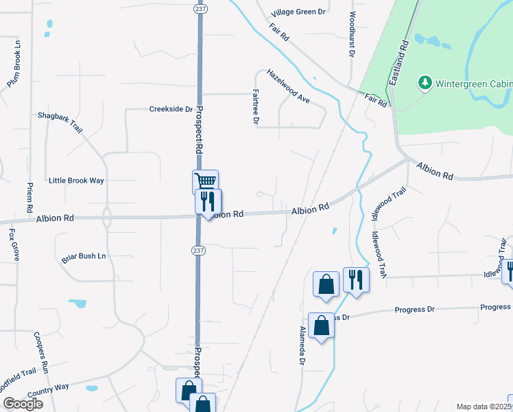 map of restaurants, bars, coffee shops, grocery stores, and more near 20595 Albion Road in Strongsville