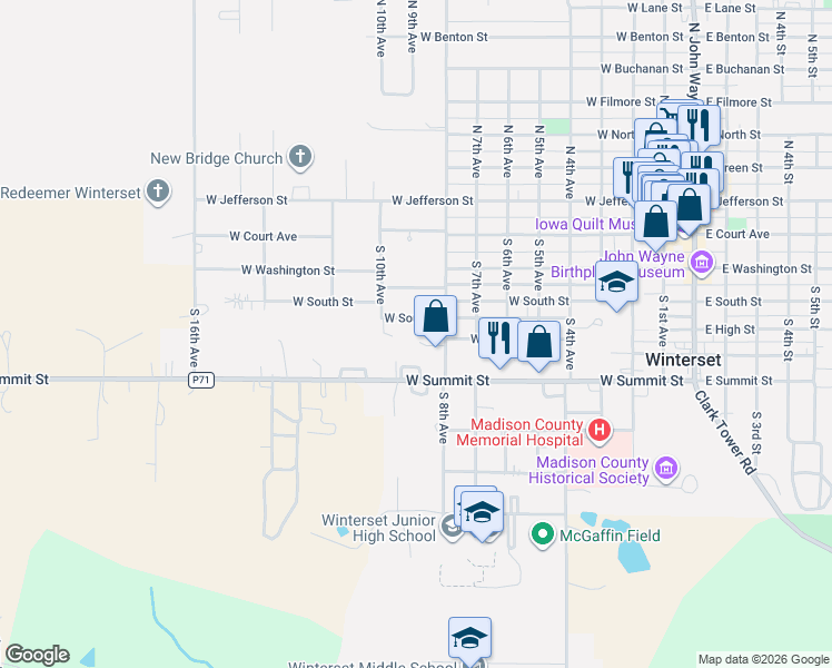 map of restaurants, bars, coffee shops, grocery stores, and more near 903 West Summit Street in Winterset