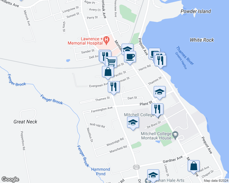 map of restaurants, bars, coffee shops, grocery stores, and more near 548 Ocean Avenue in New London