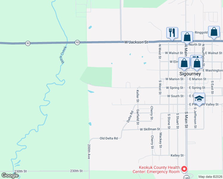 map of restaurants, bars, coffee shops, grocery stores, and more near 701-899 West Spring Street in Sigourney