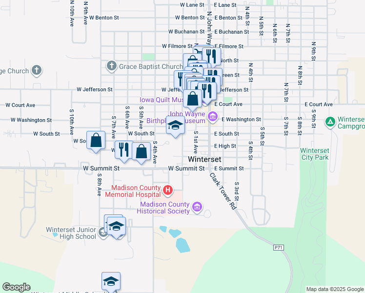 map of restaurants, bars, coffee shops, grocery stores, and more near 404 South 2nd Avenue in Winterset