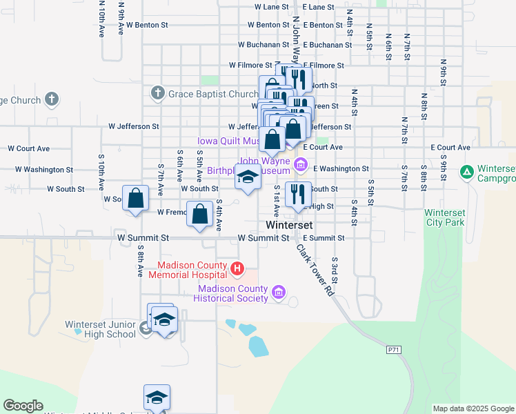 map of restaurants, bars, coffee shops, grocery stores, and more near 415 South 2nd Street in Winterset
