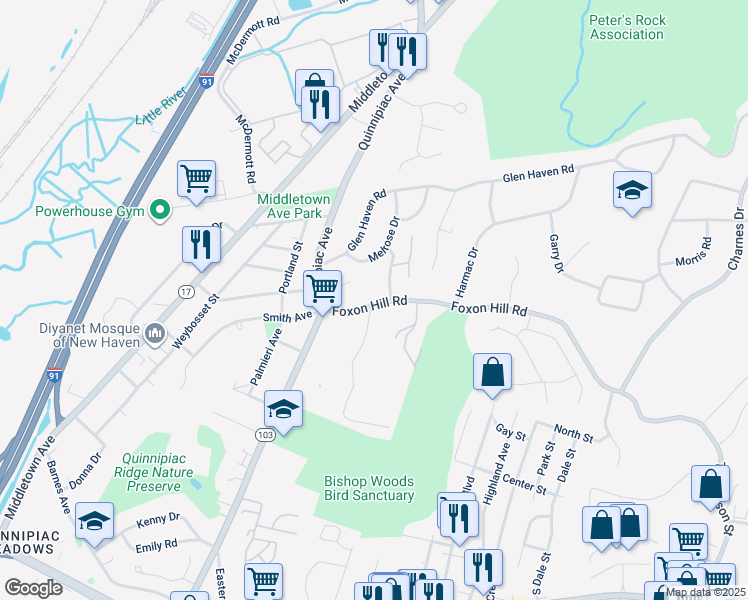 map of restaurants, bars, coffee shops, grocery stores, and more near 139 Foxon Hill Road in New Haven