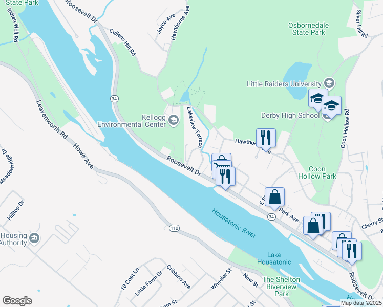 map of restaurants, bars, coffee shops, grocery stores, and more near 12 Lakeview Terrace in Derby