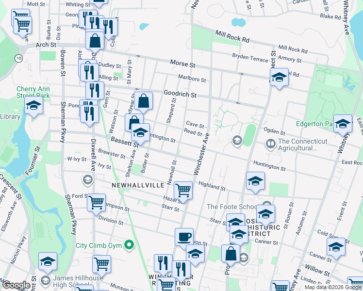 map of restaurants, bars, coffee shops, grocery stores, and more near 29 Bassett Street in New Haven