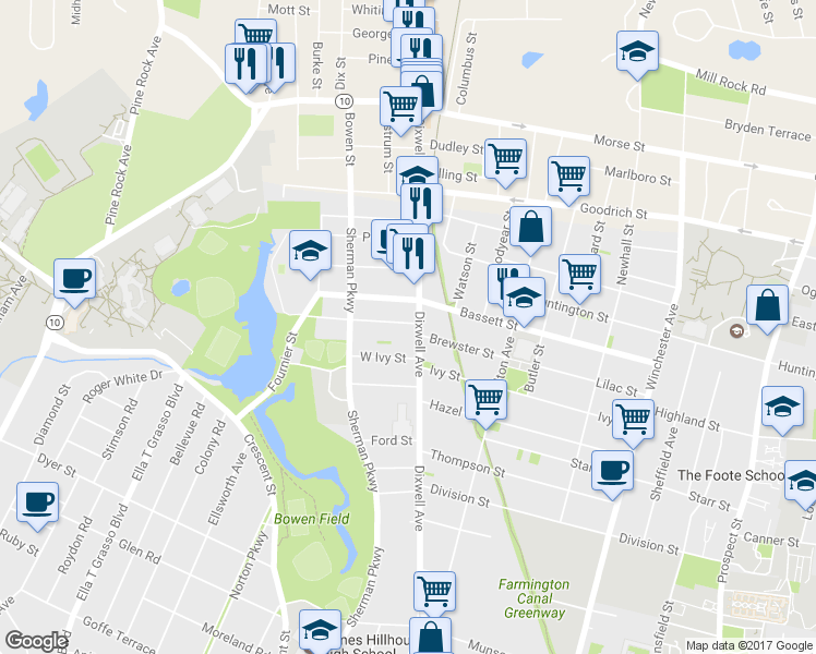 map of restaurants, bars, coffee shops, grocery stores, and more near 235 West Ivy Street in New Haven