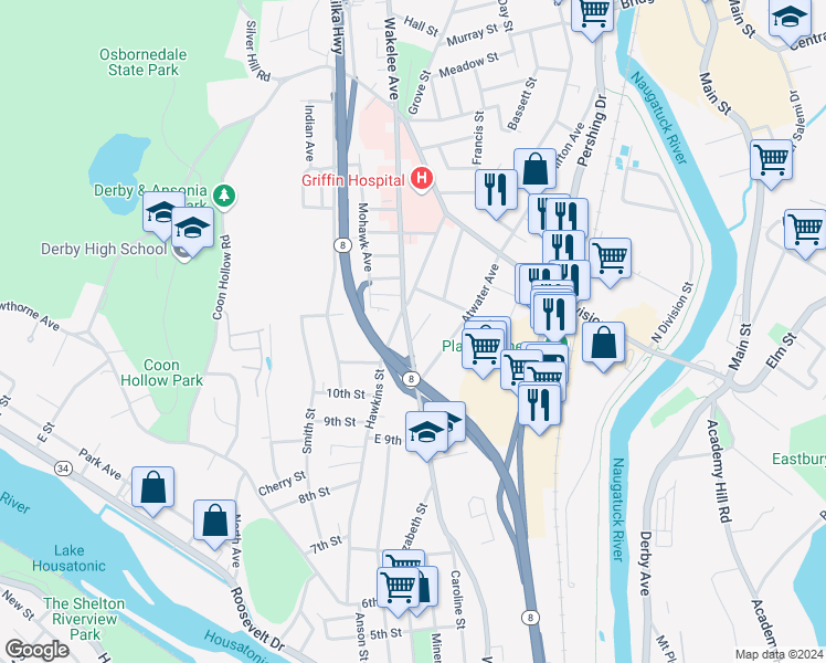 map of restaurants, bars, coffee shops, grocery stores, and more near 26 Atwater Avenue in Derby