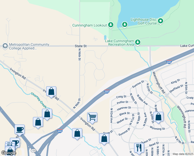 map of restaurants, bars, coffee shops, grocery stores, and more near Interstate 680 in Omaha