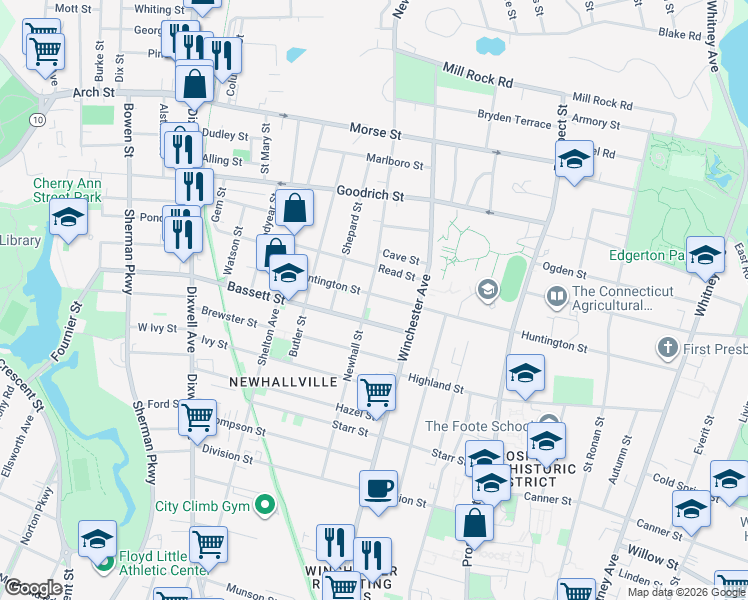 map of restaurants, bars, coffee shops, grocery stores, and more near 29 Bassett Street in New Haven