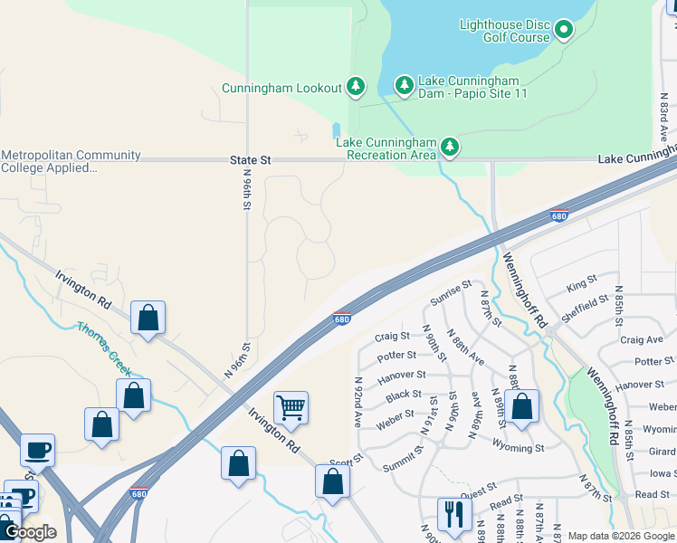 map of restaurants, bars, coffee shops, grocery stores, and more near Interstate 680 in Omaha