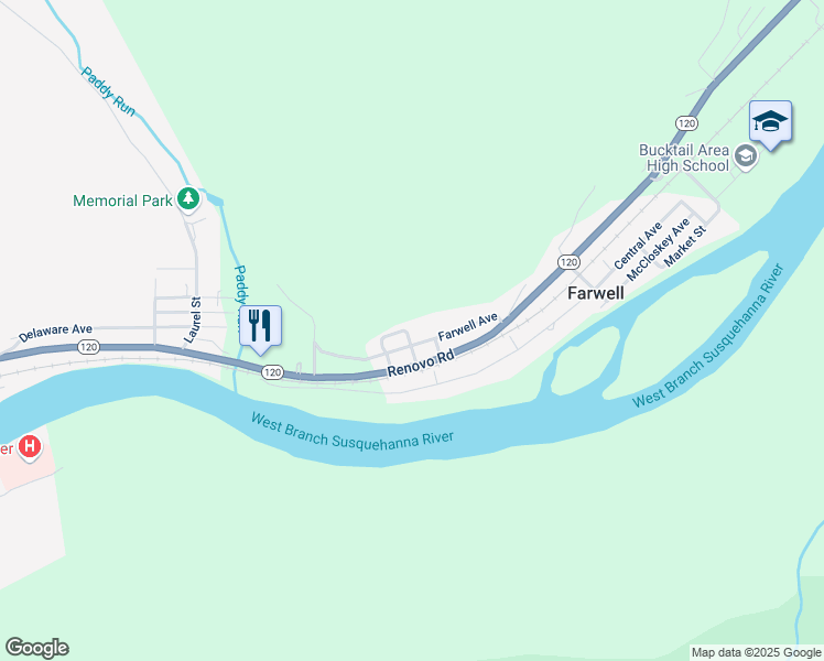 map of restaurants, bars, coffee shops, grocery stores, and more near 601 Tolomay Street in Renovo