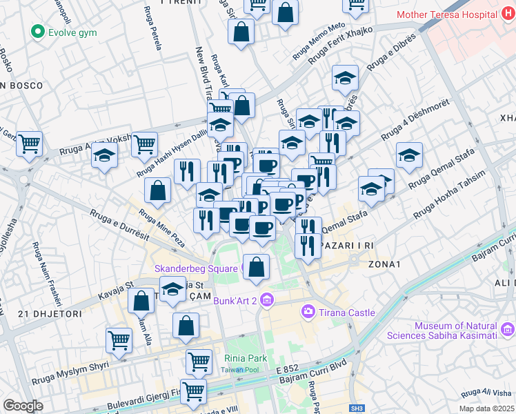 map of restaurants, bars, coffee shops, grocery stores, and more near Rruga Bardhok Biba in Tirana