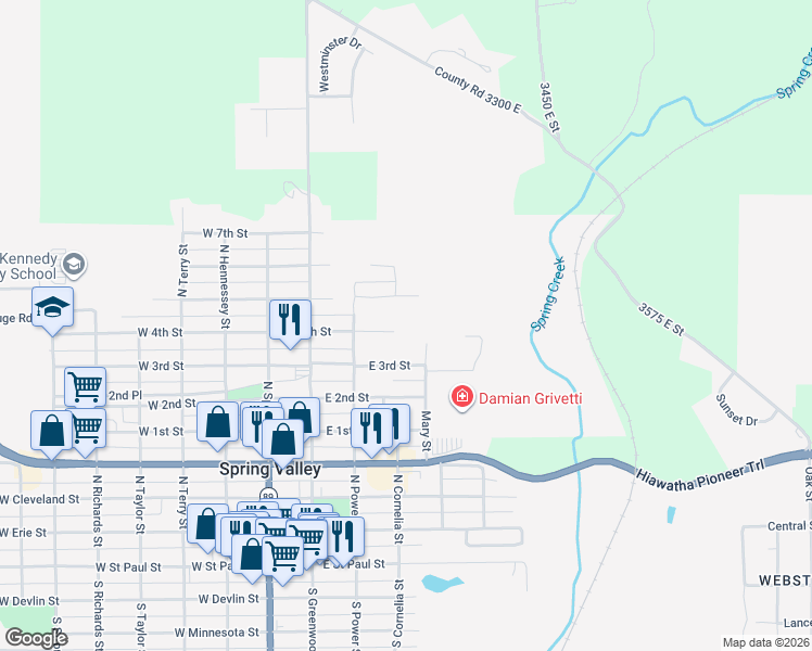map of restaurants, bars, coffee shops, grocery stores, and more near 402 East 5th Street in Spring Valley