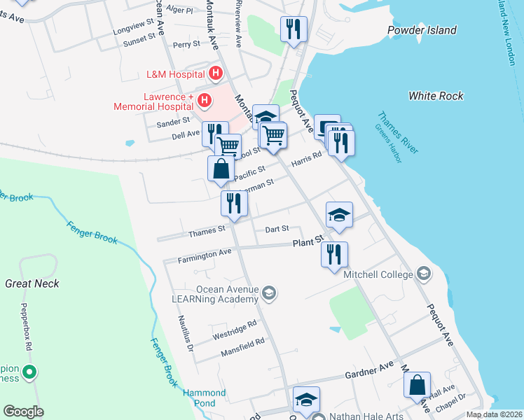 map of restaurants, bars, coffee shops, grocery stores, and more near 40 Sherman Street in New London