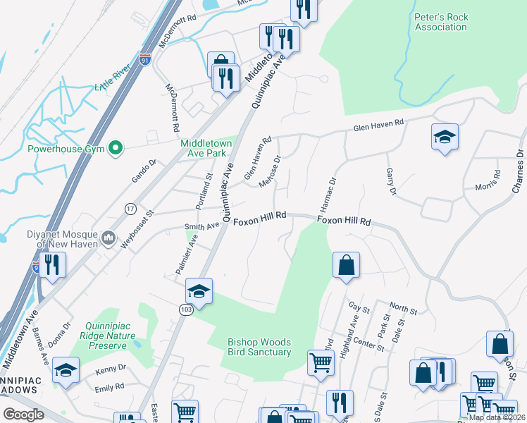 map of restaurants, bars, coffee shops, grocery stores, and more near 25 Melrose Drive in East Haven