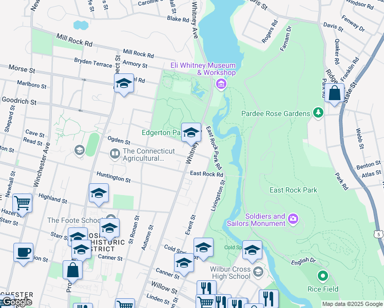 map of restaurants, bars, coffee shops, grocery stores, and more near 1-11 Cliff Street in New Haven