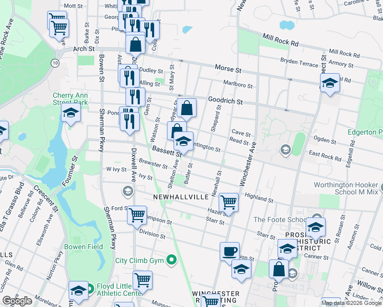 map of restaurants, bars, coffee shops, grocery stores, and more near 104 Butler Street in New Haven