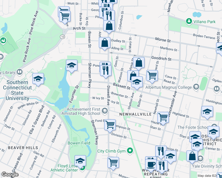 map of restaurants, bars, coffee shops, grocery stores, and more near 223 Bassett Street in New Haven