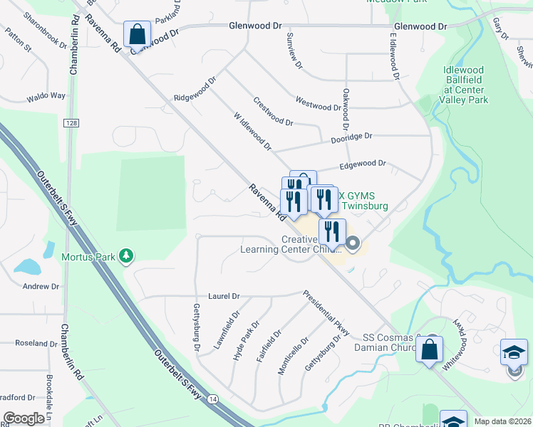 map of restaurants, bars, coffee shops, grocery stores, and more near 10812 Ravenna Road in Twinsburg