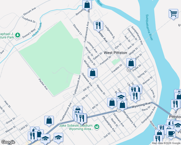 map of restaurants, bars, coffee shops, grocery stores, and more near 624 Montgomery Ave in Luzerne