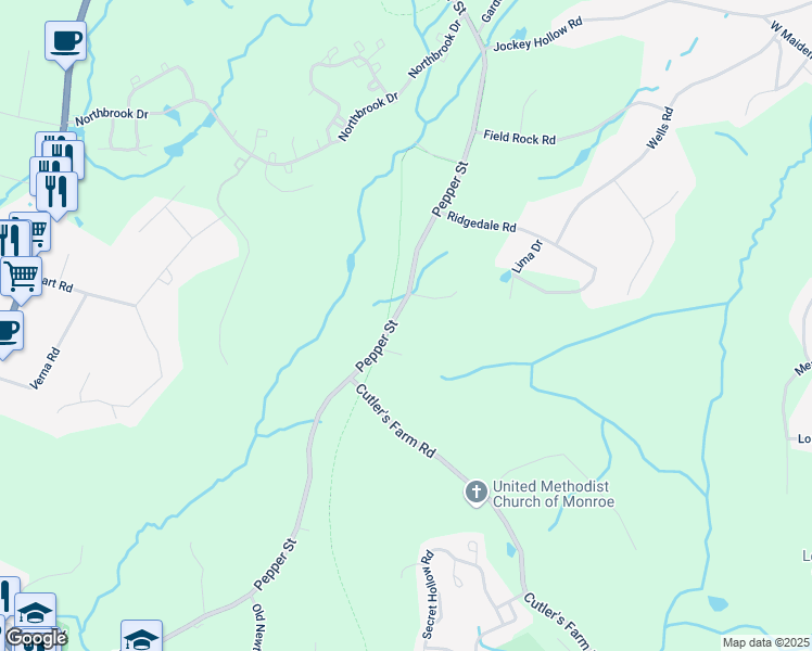 map of restaurants, bars, coffee shops, grocery stores, and more near 266 Pepper Street in Monroe