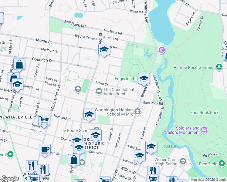 map of restaurants, bars, coffee shops, grocery stores, and more near 269 Ogden Street in New Haven