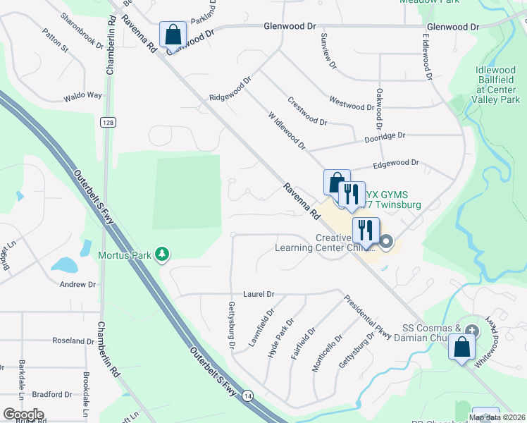 map of restaurants, bars, coffee shops, grocery stores, and more near 1791 Rolling Hills Drive in Twinsburg