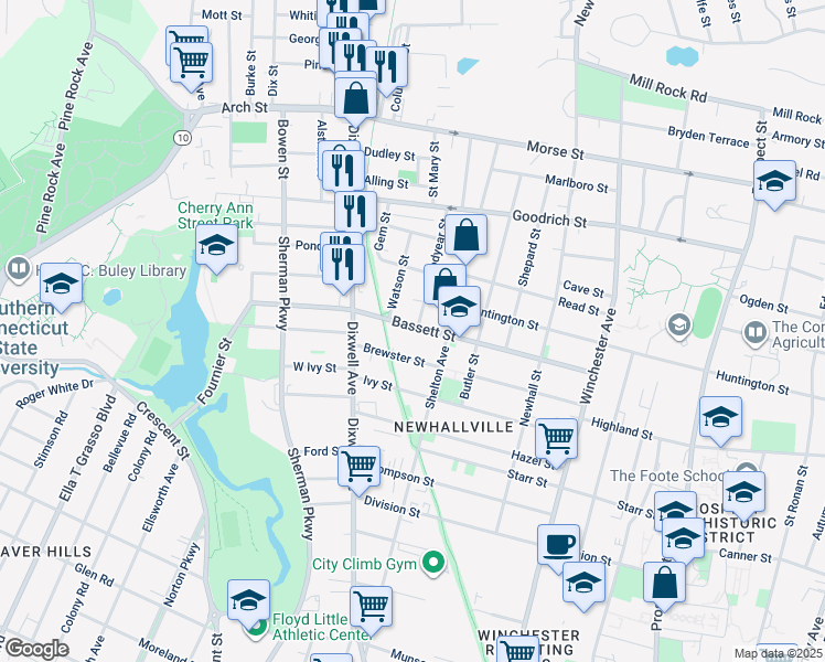 map of restaurants, bars, coffee shops, grocery stores, and more near 178 Bassett Street in New Haven